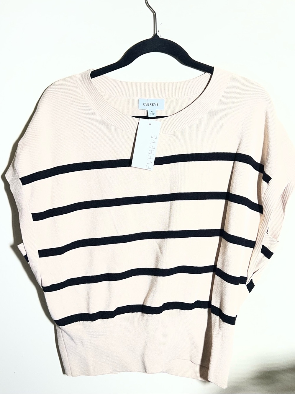 Evereve Neutral Tan and Black Striped Short Sleeve Sweater XL NWT